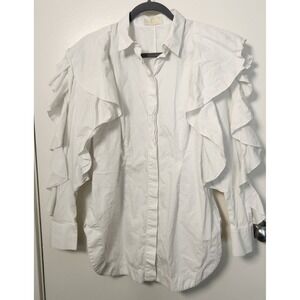 Sara Battaglia Ruffled Cotton Poplin Shirt White EU 46 Medium Button Front